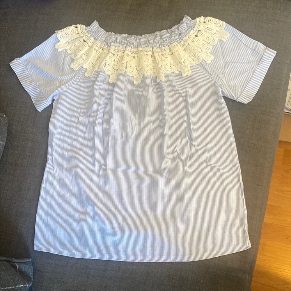 Blue and White Striped Off-Shoulder Top with Lace Detail